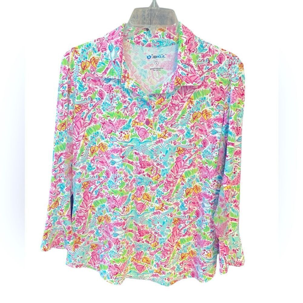 Ibkul L Pink Turquoise Pickleball Golf Panther Print Sun Fabric Athletic Shirt